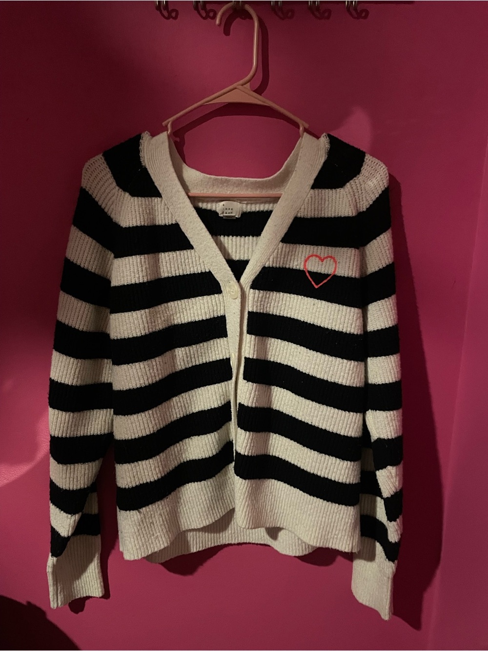 A New Day Black and White Striped Button Up Sweater with pink Embroidered Heart